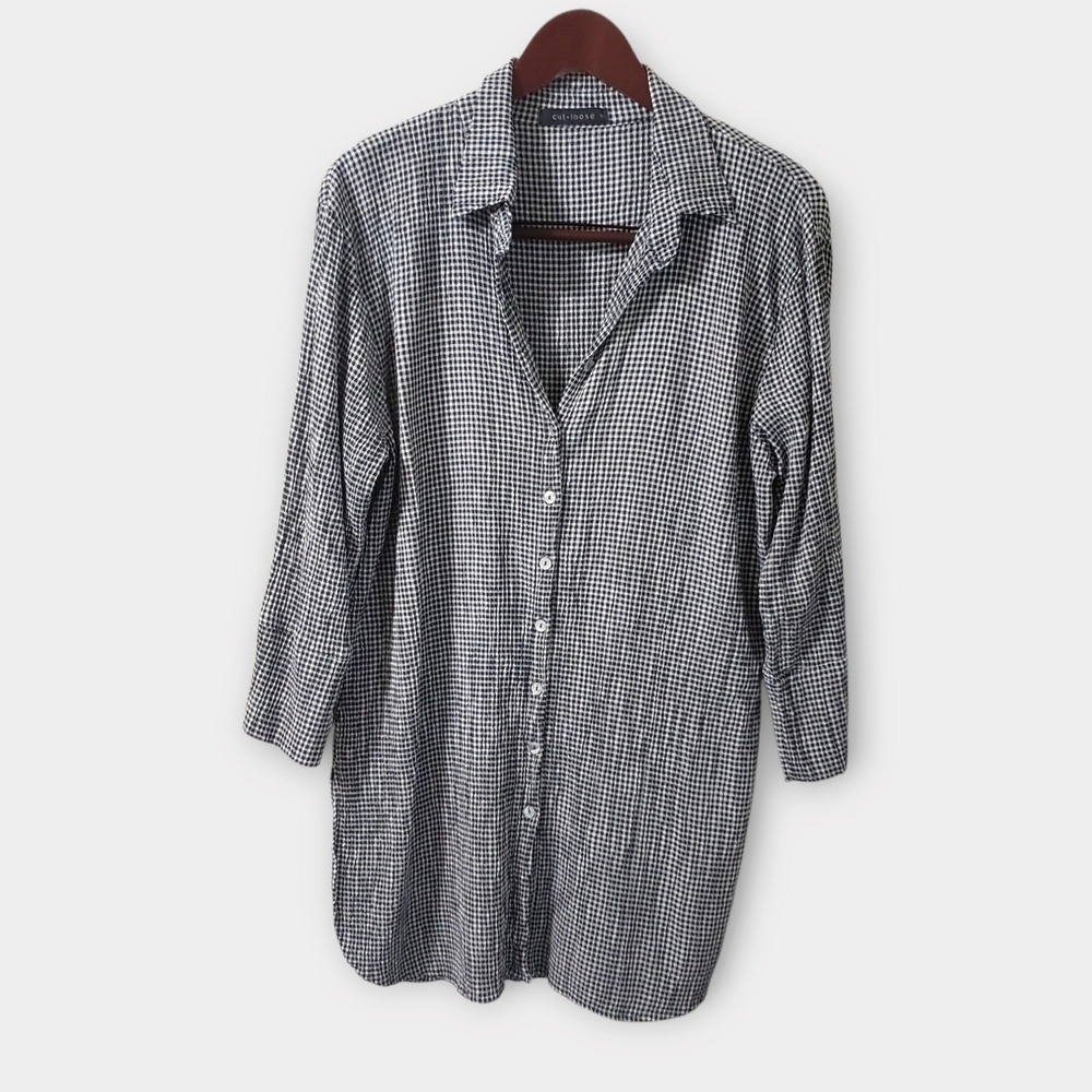 Cut Loose Womens Small Black White Gingham Check Button Down Tunic Shirt Top